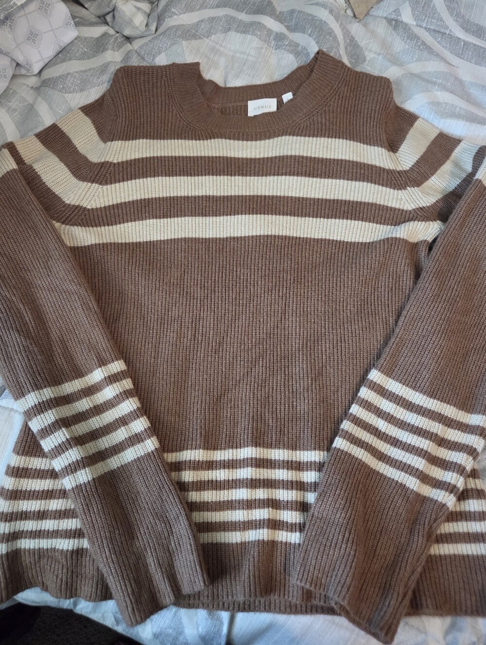 Cyrus Brown and Cream Striped Crewneck Sweater